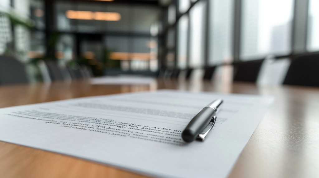 Stift auf Vertragsunterlagen in einem hellen Verhandlungsraum